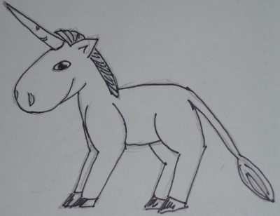 Zeichnung eines Wesens mit vier Beinen, die in Hufen enden. Ein langes Horn ragt aus der Stirn.