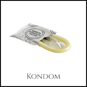 Bild einer geöffneten Kondomverpackung mit Kondom. Unterschrift "Kondom"