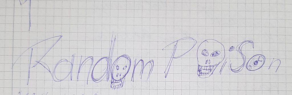 Foto eines karrierten Blattes mit Kugelschreiber-Skizze des Blognamens "Random PoiSon". Das erste und zweite o sind dabei Totenköpfe, das letzte hat eine Pupille.