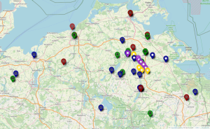OpenStreetMap Karte mit diversen farbigen Punkten, die meine Reiseziele markieren.